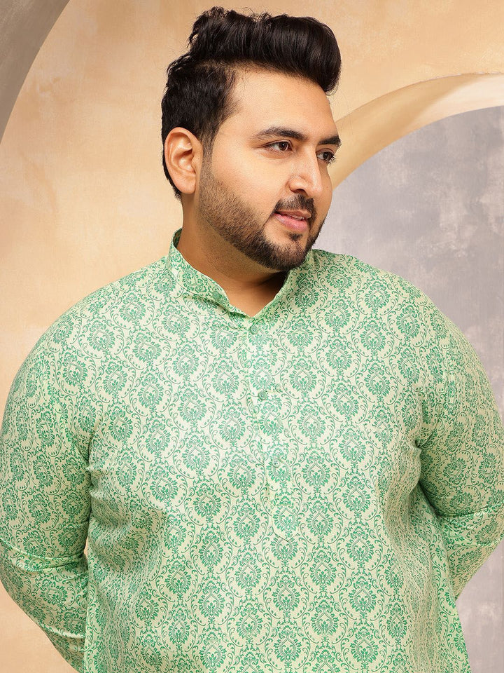 SOJANYA PLUS Ethnic Motifs Printed Band Collar Cotton Linen Straight Kurta With Pyjama