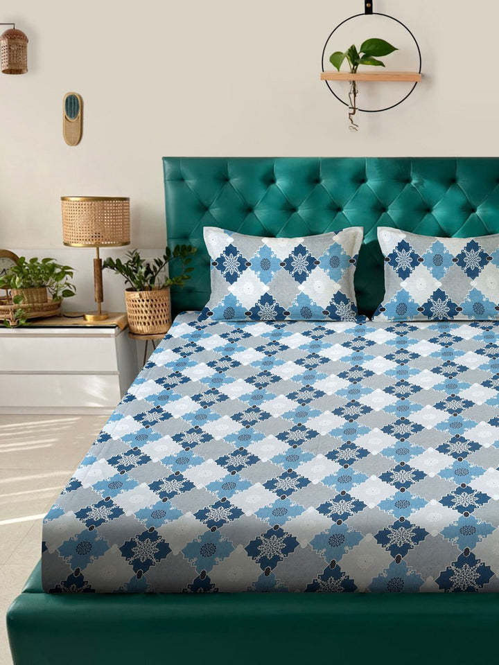 Myntra Elegant Homes Blue Geometric Fitted 400 TC Cotton King Bedsheet Set 2.50 m x 2.25 m