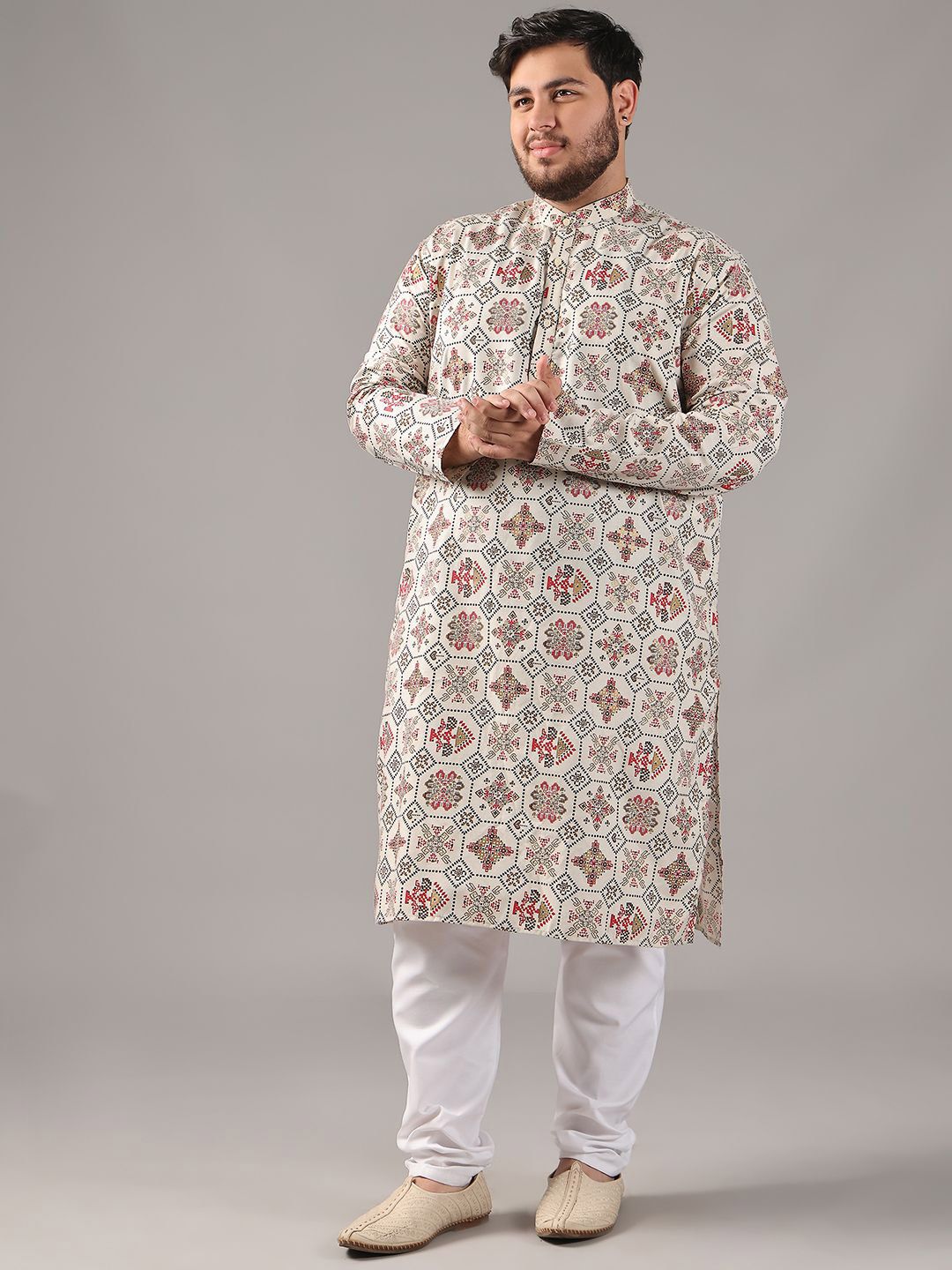 SOJANYA PLUS Size Ethnic Motifs Printed Band Collar Cotton Linen Straight Kurta