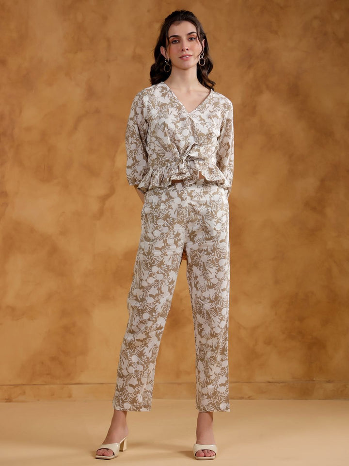 Sanskrutihomes Beige Color V-Neck Printed Pure Cotton Co-Ords Set