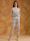Sanskrutihomes Beige Color V-Neck Printed Pure Cotton Co-Ords Set