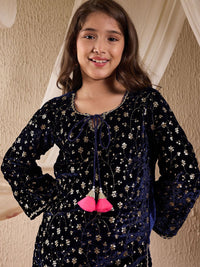 pspeaches Girls Floral Embroidered Sequinned Velvet Kurta with Sharara & Dupatta