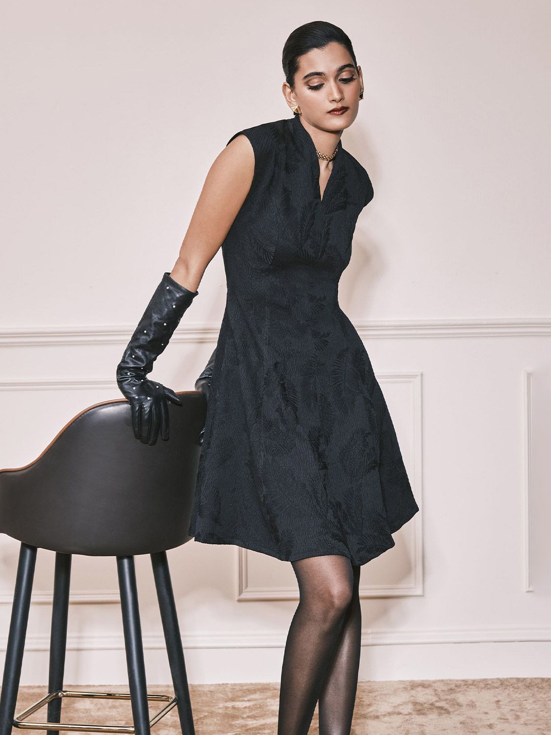 AND Self Design V-Neck Extended Sleeves Fit & Flare Above Knee Dress