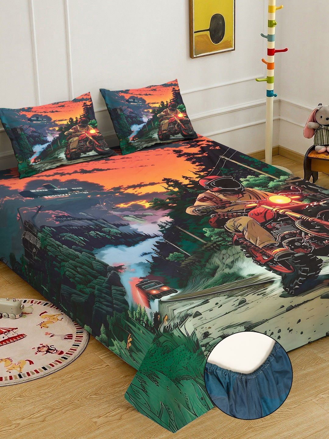 KLOTTHE Bercetak Abstrak Hijau Dilengkapi Cadar Katil King 300 TC Dengan 2 Sarung Bantal