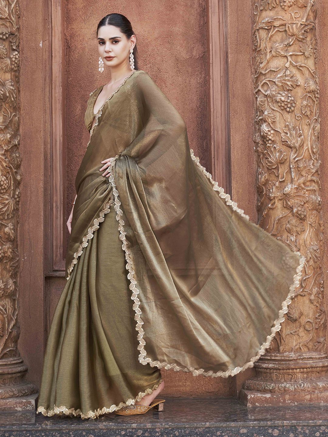 Tikhi Imli Solid With Embroidered Border Polyester Saree