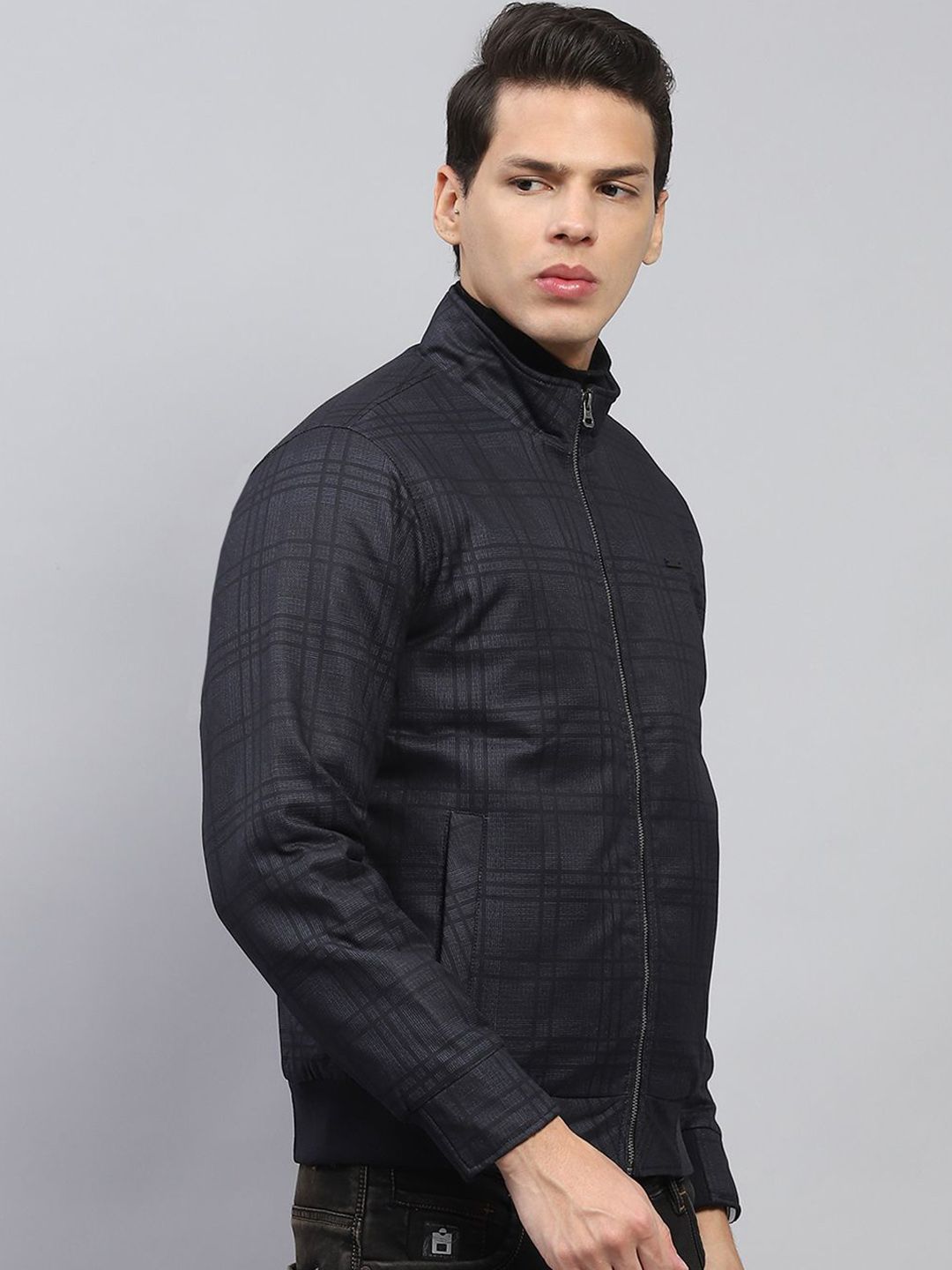 Monte Carlo Men Mock Collar Checked Casual Open Front Jacket