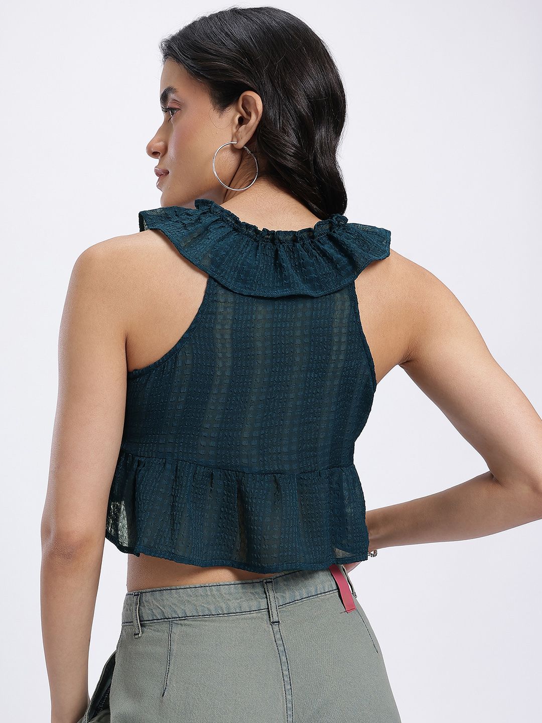 DressBerry Semi Sheer Ruffled Seersucker Empire Crop Top