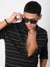 VASTRADO Men Classic Slim Fit Spread Collar Horizontal Striped Cotton Casual Shirt