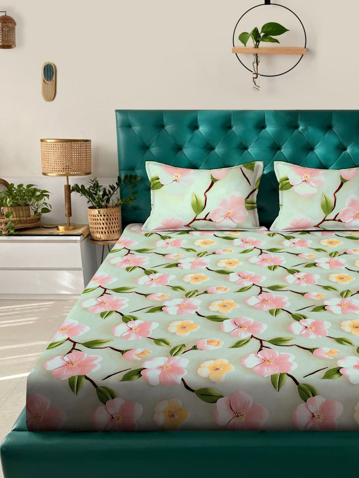 KLOTTHE Green Floral Printed Dilengkapi 300 TC King Double 7D Cadar Dengan 2 Sarung Bantal