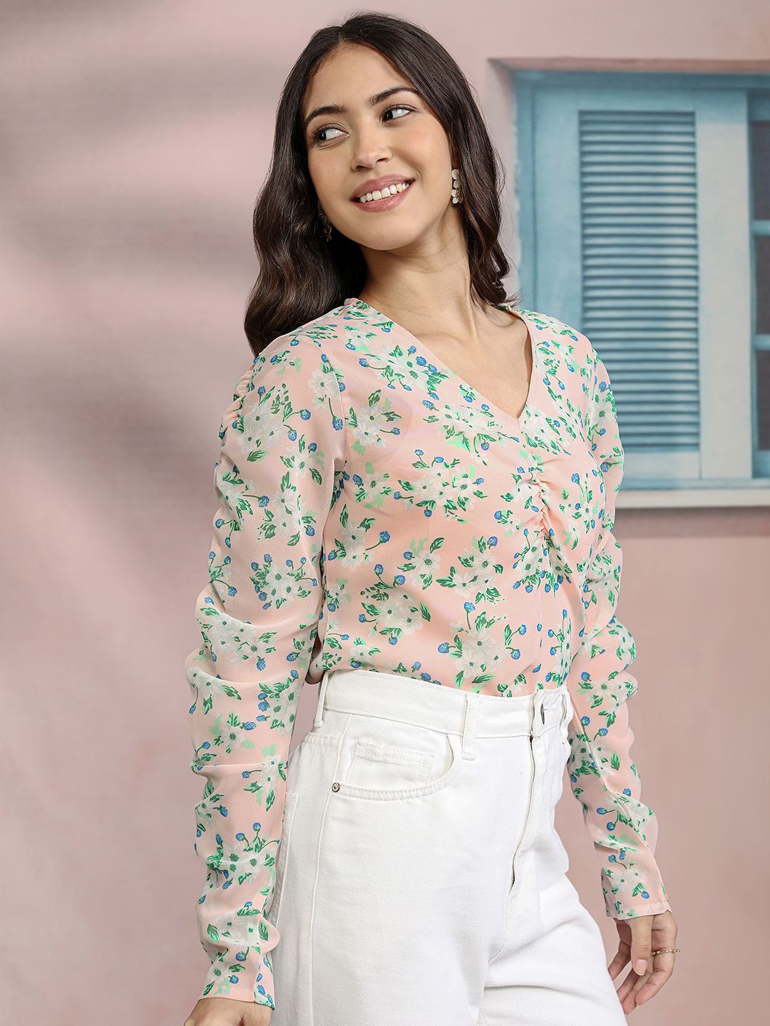 Tokyo Talkies Floral Print Puff Sleeve Twisted Peplum Top