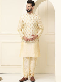SOJANYA Kurta Kapas Sutera Kolar Mandarin Dengan Jaket Nehru Rekaan Churidar & Tenunan