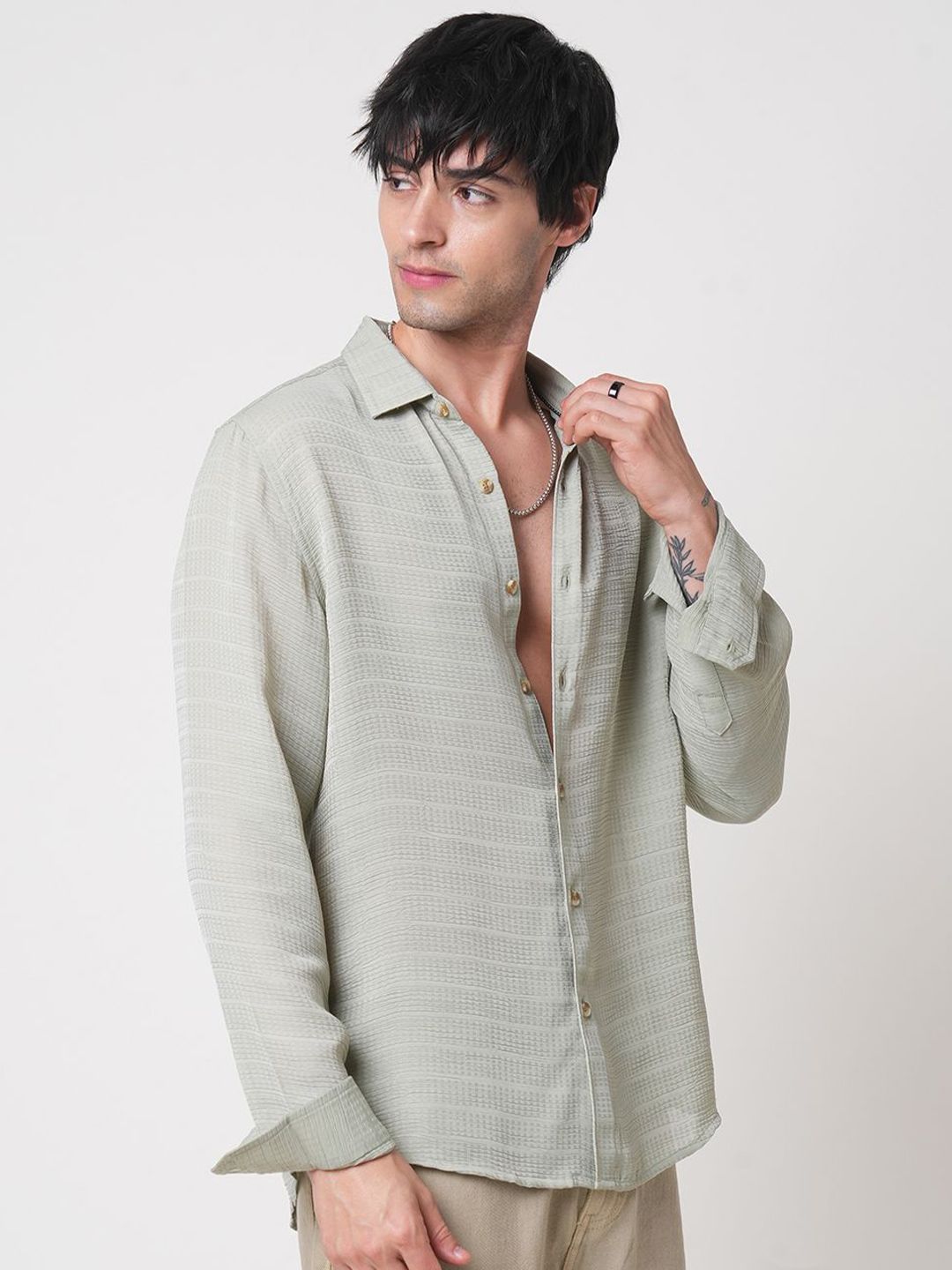 VASTRADO Men Classic Spread Collar Textured Slim Fit Casual Shirt