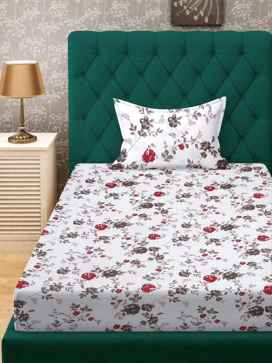 Myntra Elegant Homes White & Red Floral 300 TC Single Bedsheet with 1 Pillow Covers