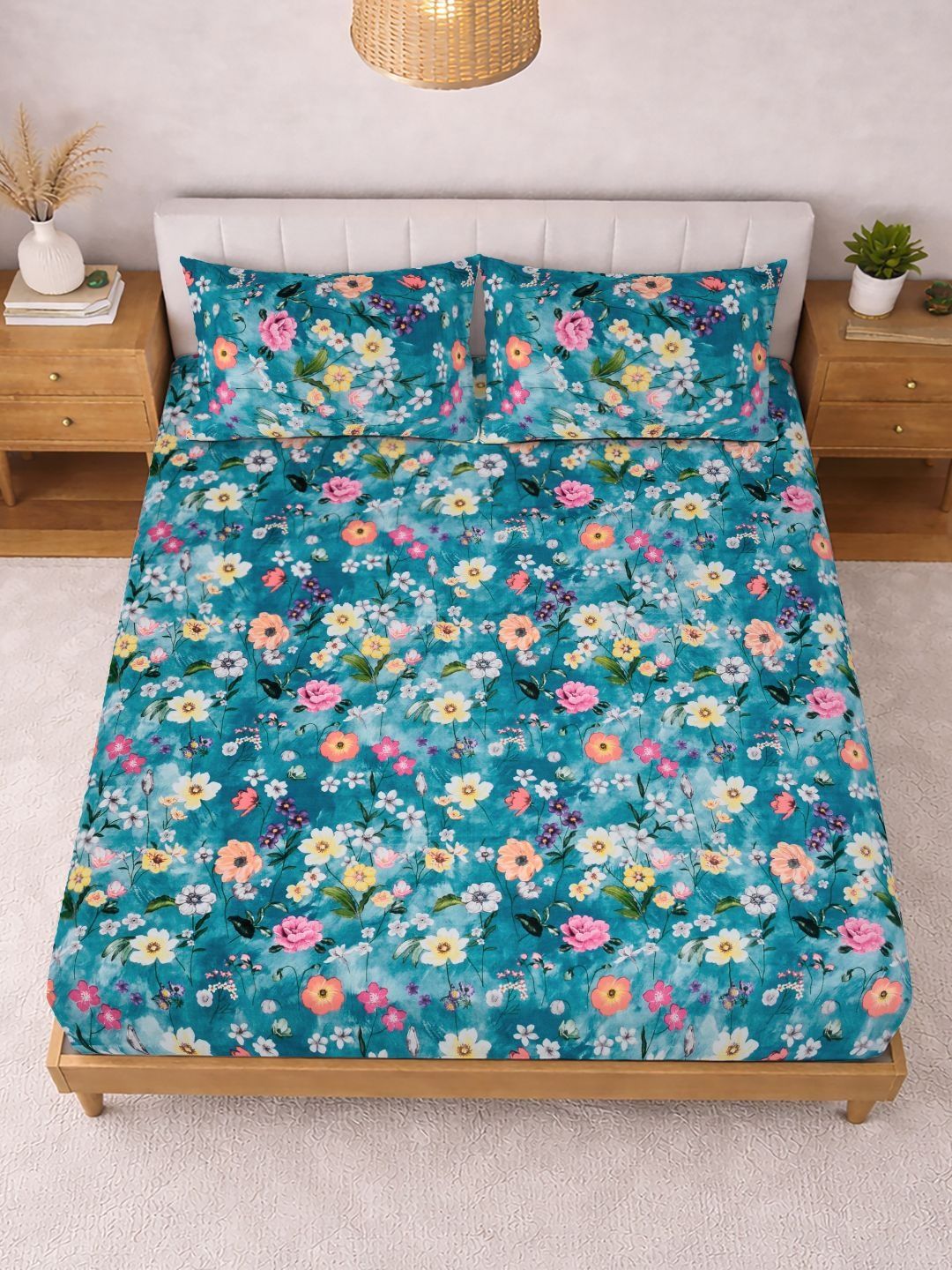 Myntra Elegant Homes Blue Floral 300 TC King Bedsheet with 2 Pillow Covers