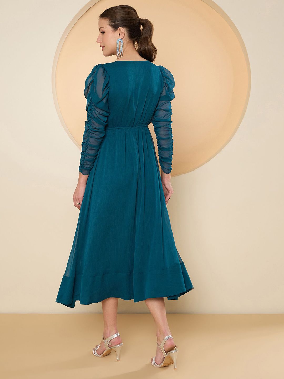 Antheaa Puff Sleeve Chiffon Embellished A-Line Midi Dress