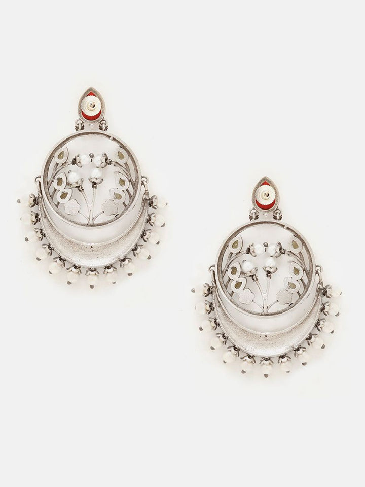 Priyaasi Silver-Plated Ruby Studded & Beaded Contemporary Oxidised Chandbalis Earrings