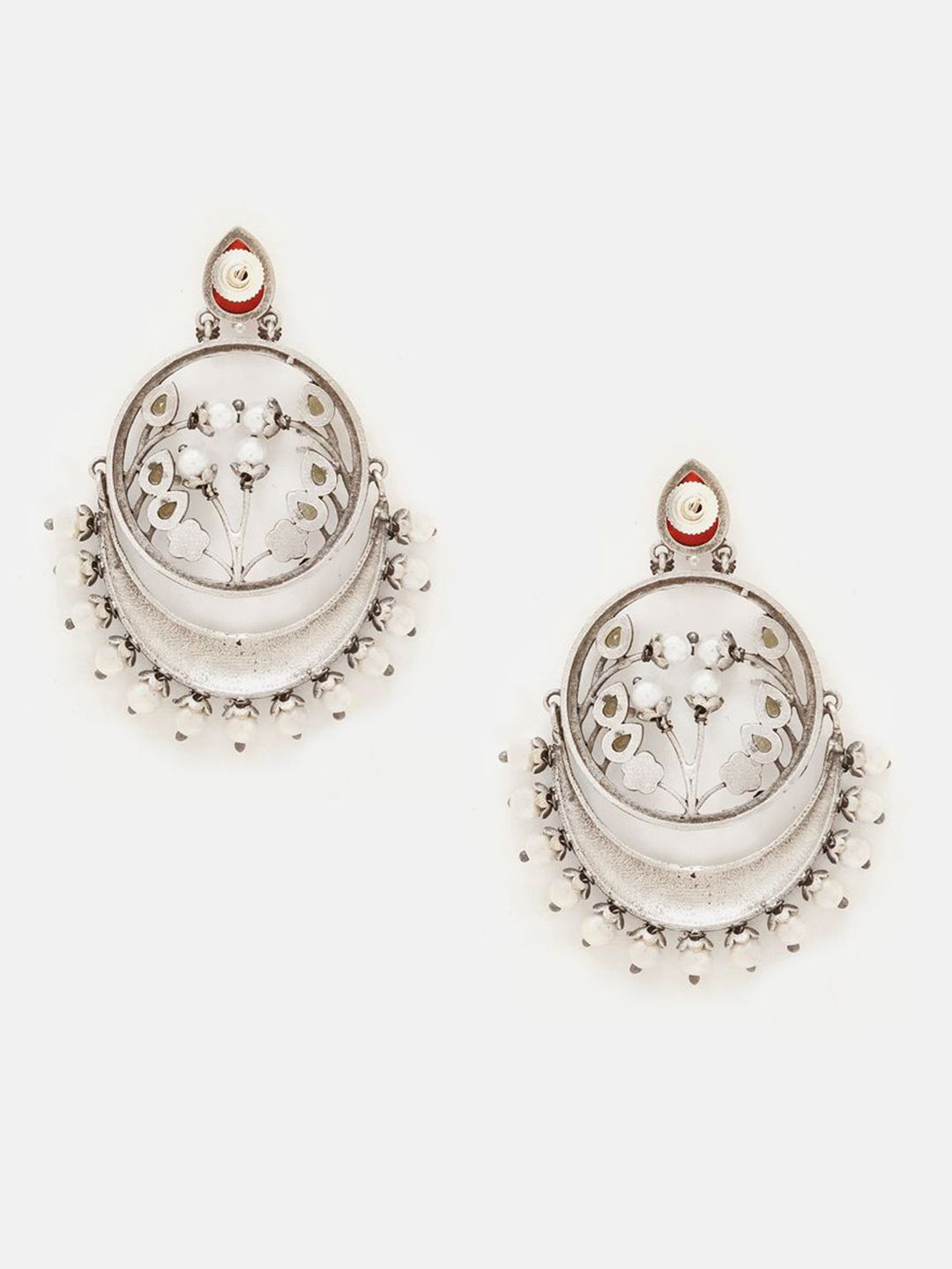 Priyaasi Silver-Plated Ruby Studded & Beaded Contemporary Oxidised Chandbalis Earrings