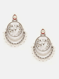 Priyaasi Silver-Plated Ruby Studded & Beaded Contemporary Oxidised Chandbalis Earrings