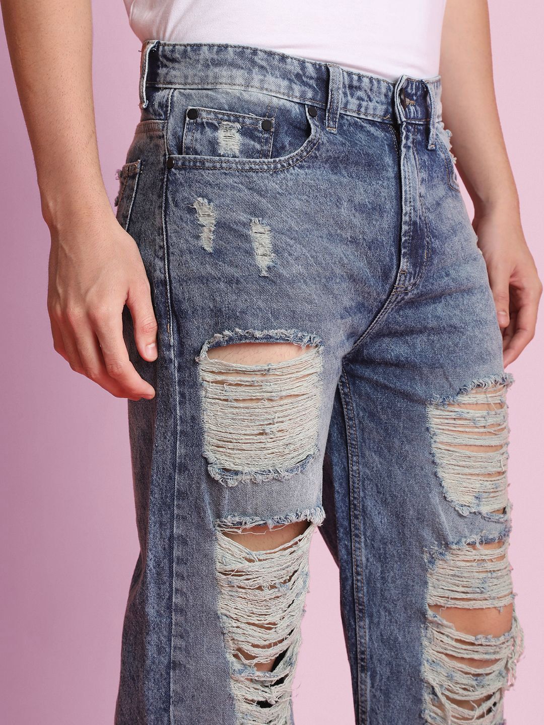 Bene Kleed Men Wide Leg Highly Distressed Heavy Fade Jeans
