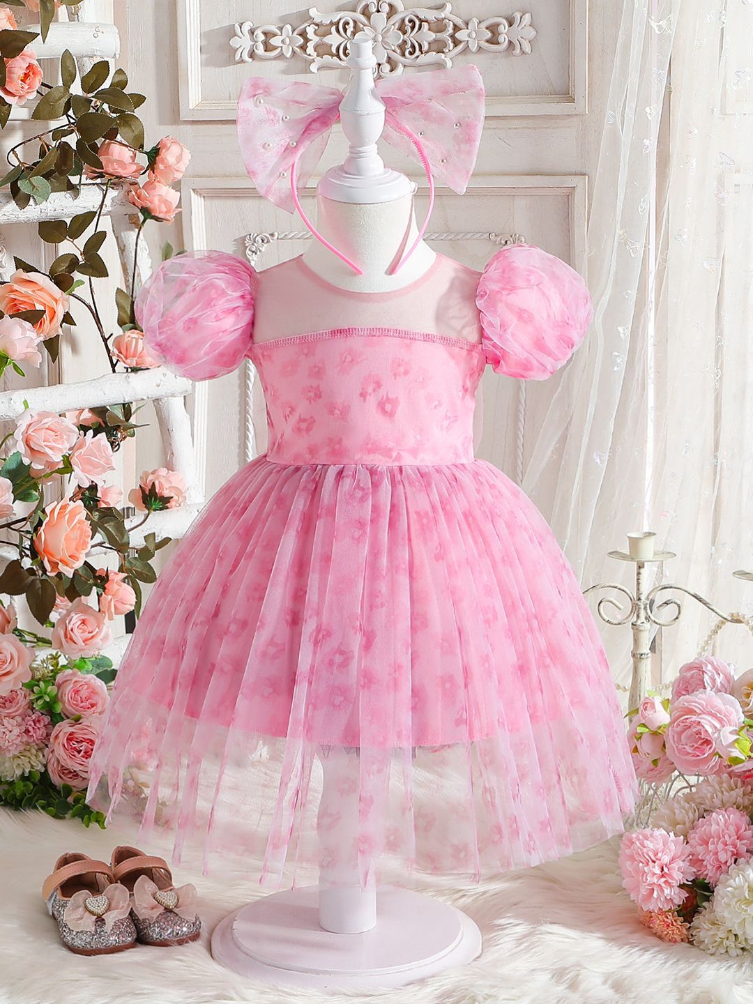 YK Floral Self Design Puff Sleeves Fit & Flare Dress