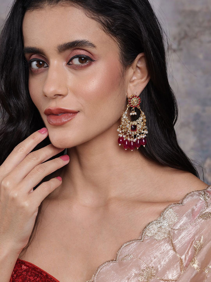 PANASH Gold-Plated Contemporary Stone Studded & Beaded Drop Earrings