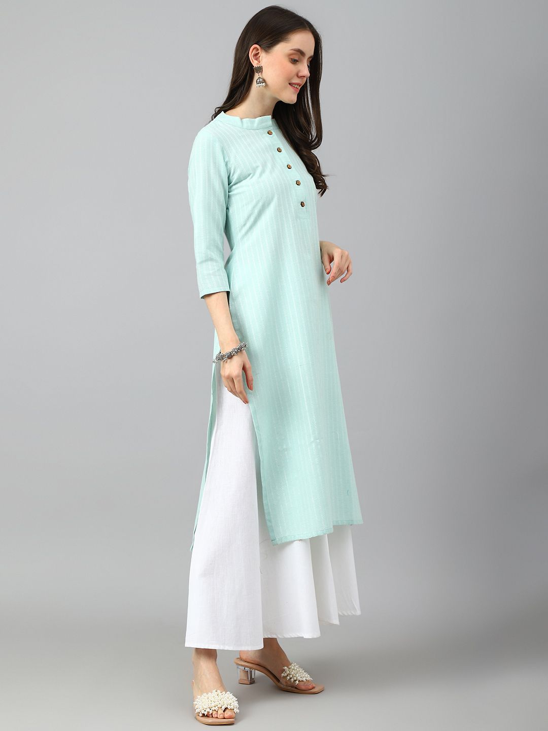 KALINI Striped Woven Design Mandarin Collar Three-Quarter Sleeves Straight Kurta