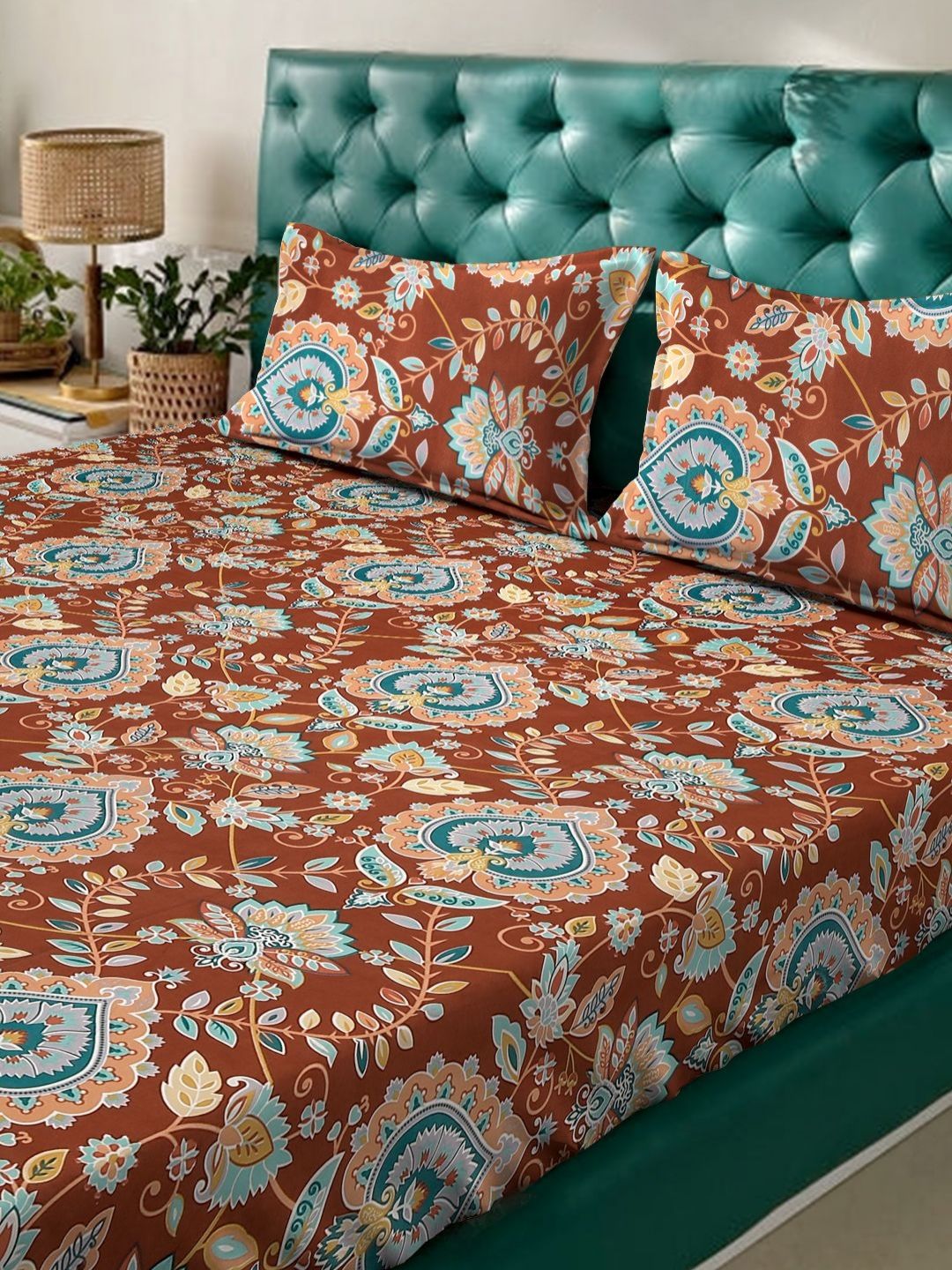 Aura Rust & Blue Ethnic Motifs Printed 300 TC Double King Bedsheet Set-2.50 m X 2.25 m