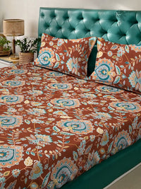 Aura Rust & Blue Ethnic Motifs Printed 300 TC Double King Bedsheet Set-2.50 m X 2.25 m