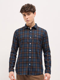 THE BEAR HOUSE Men Spread Collar Tartan Checked Cotton Slim Fit Shirt