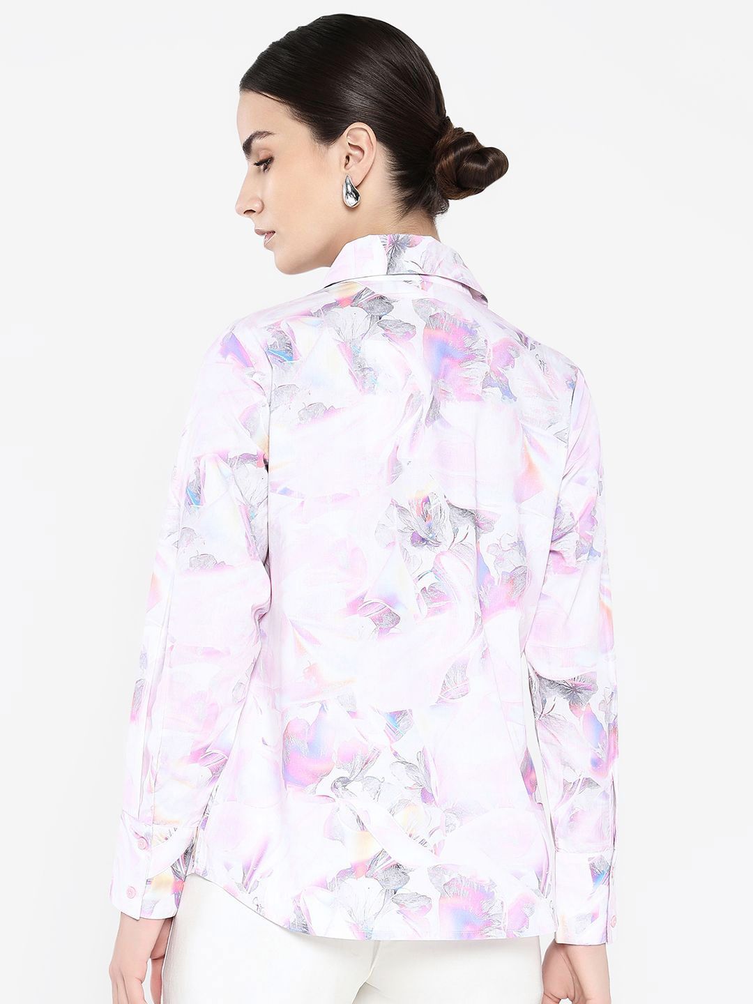 Rareism Women Floral Printed Shirt Collar Cotton Top