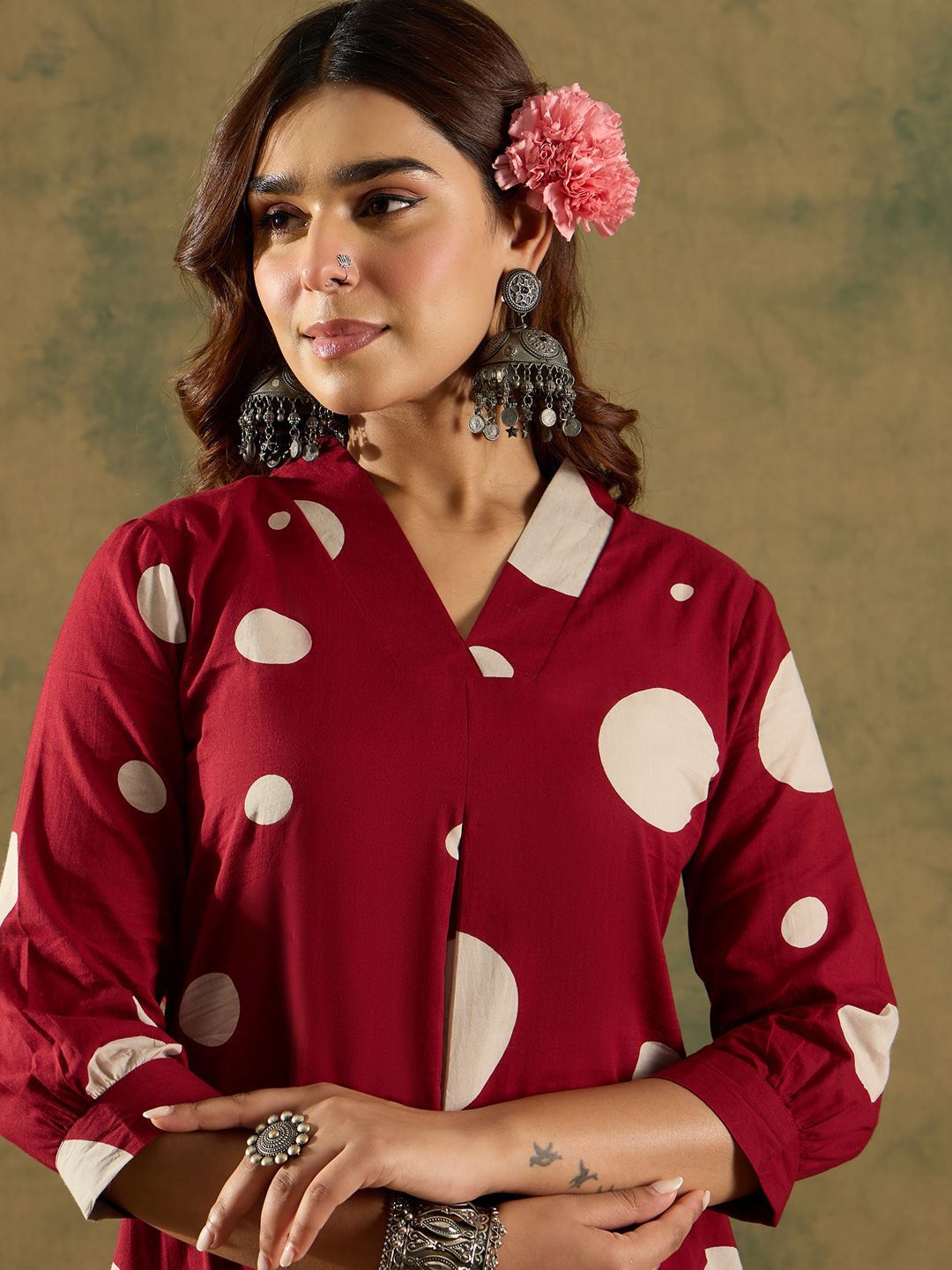 Indo Era V-Neck Printed Pleated Pure Cotton A-Line Kurta with Trousers