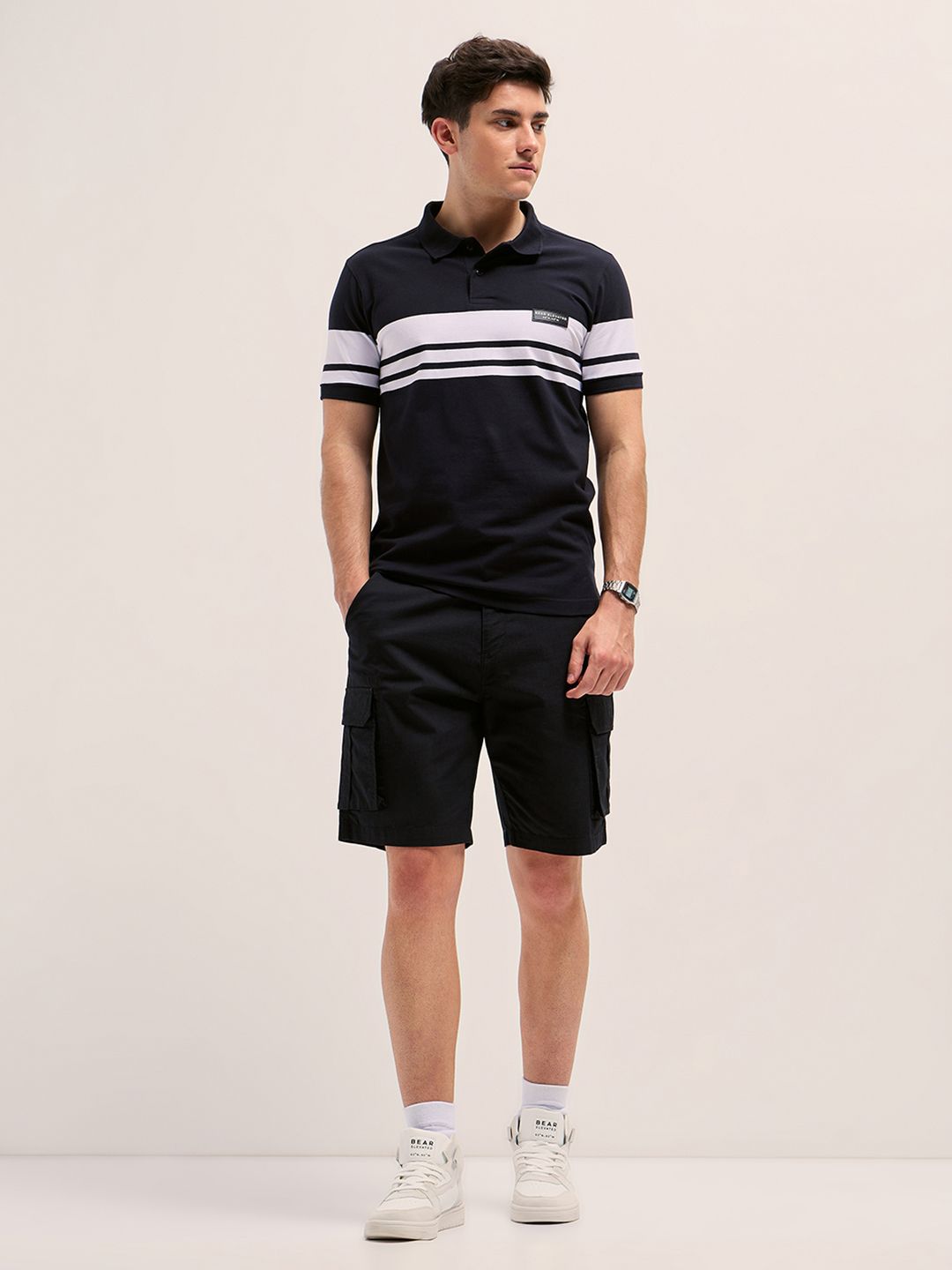 THE BEAR HOUSE Men Striped Polo Collar Cotton T-shirt