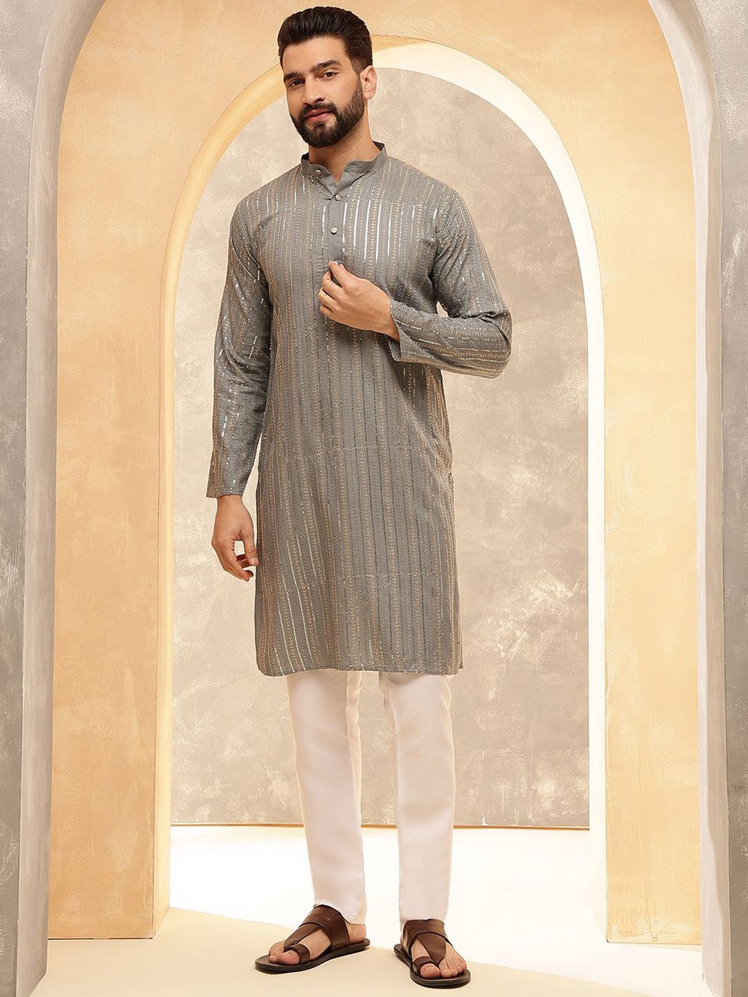 Anouk Grey Geometric Sequence Band Collar Straight Kurta