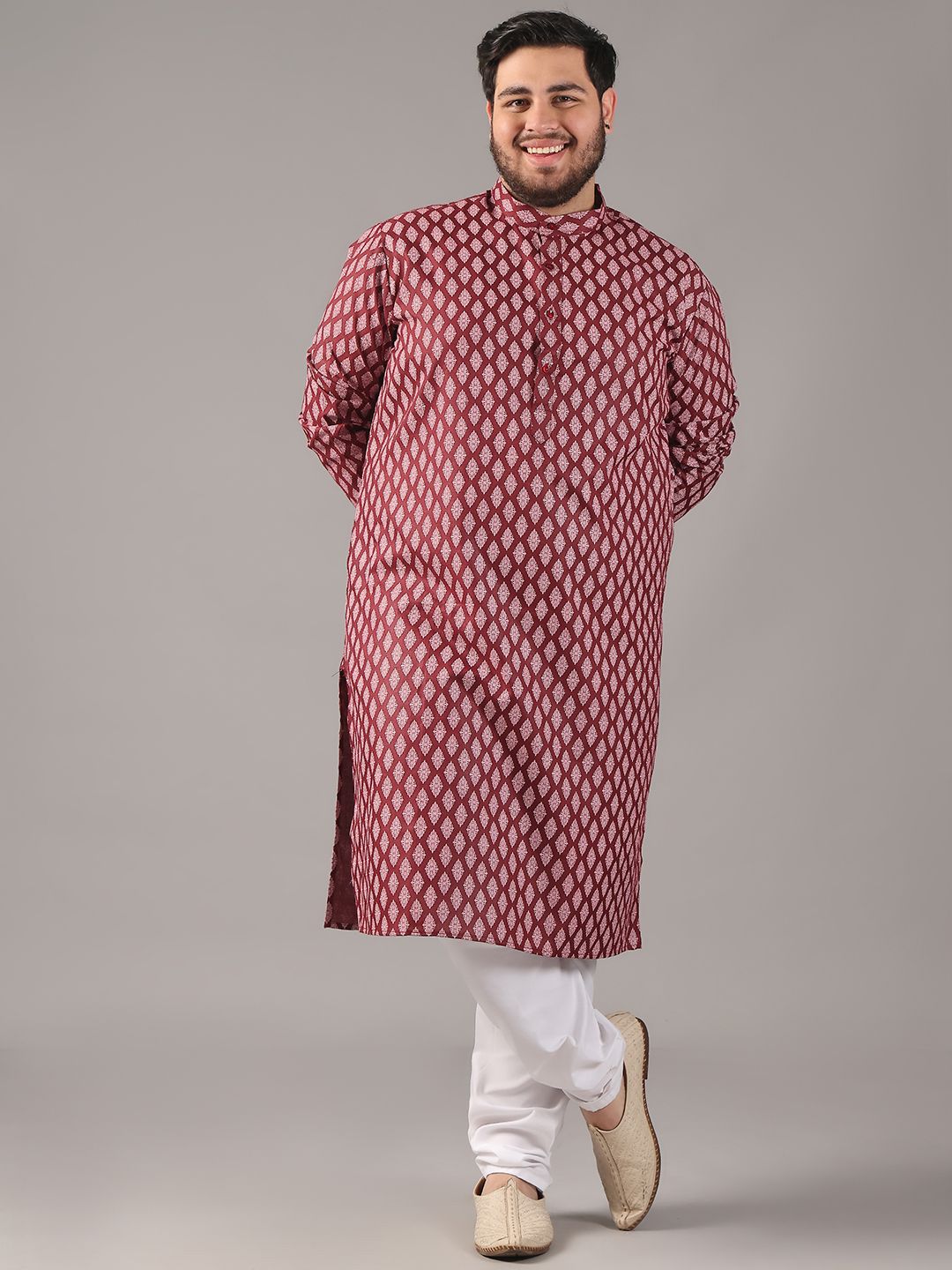 SOJANYA PLUS Plus Size Lelaki Motif Etnik Bercetak Kolar Jalur Kurta Lurus Dengan Piyama