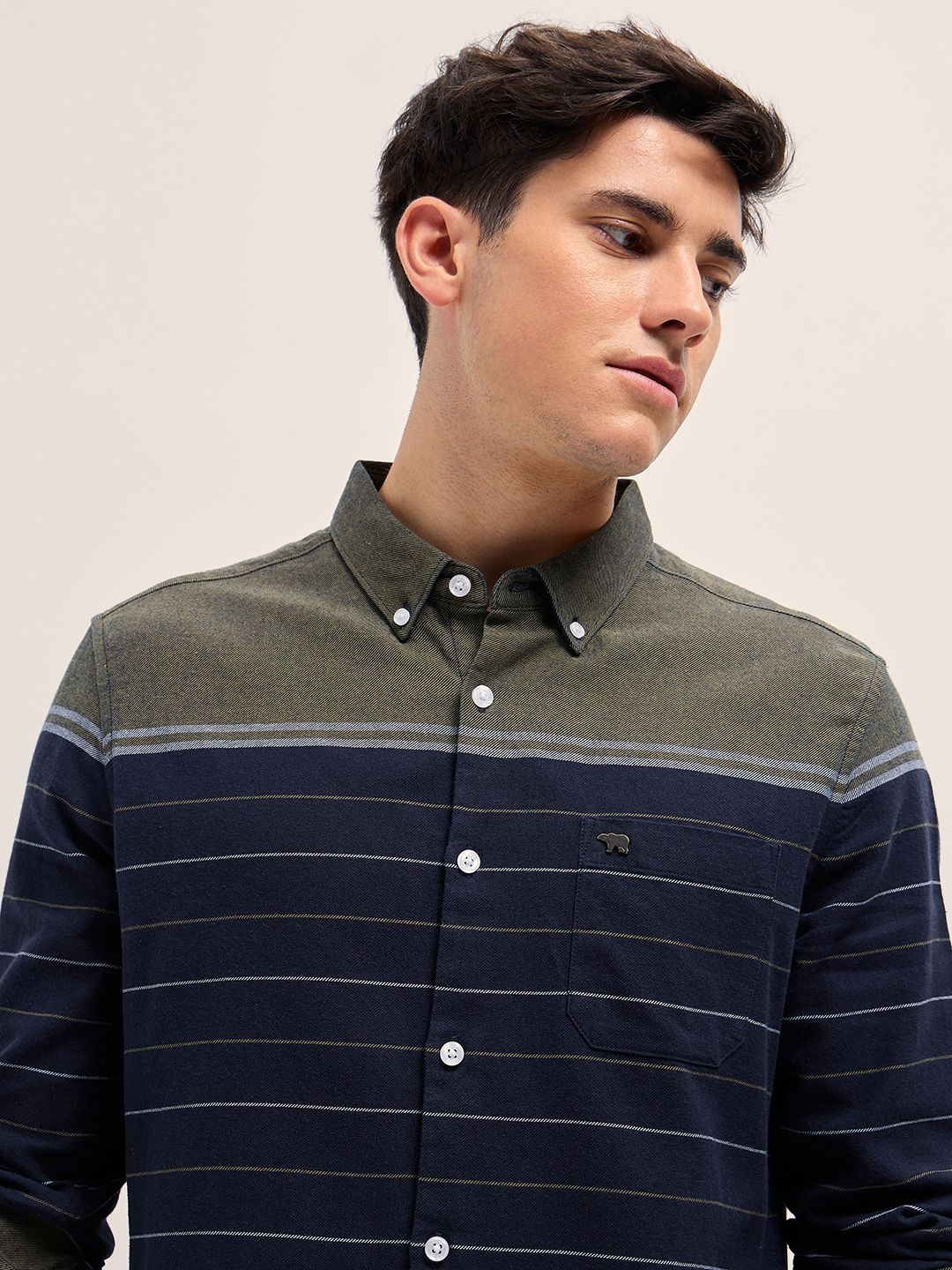 THE BEAR HOUSE Men Button-Down Collar Horizontal Striped Cotton Slim Fit Casual Shirt