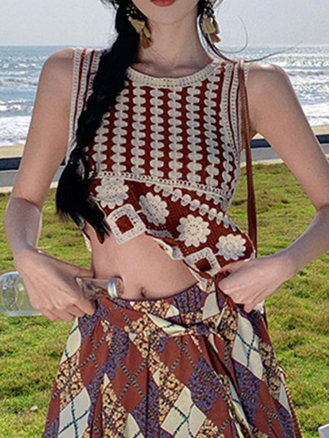 DressBerry Embroidered Round Neck Crop Top With Printed Maxi Skirt Co-Ords