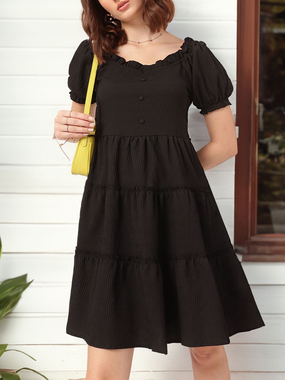 DressBerry Textured Play Tiered Fit & Flare Dress