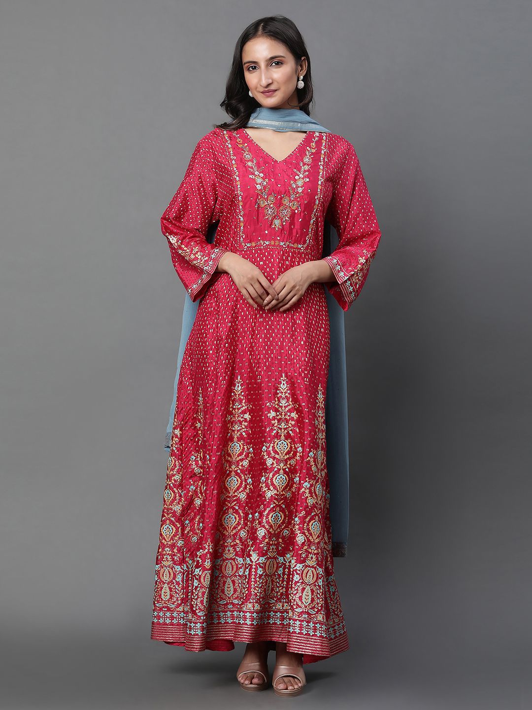 W Ethnic Motifs Flared Sleeve Maxi Dress