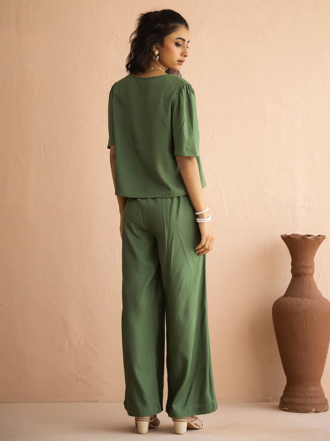SANSKRUTIHOMES V-Neck Short Sleeve Top With Trouser Co-Ords