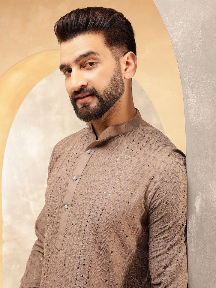 Anouk Brown Ethnic Motifs Embroidered Sequinned Pure Cotton Straight Kurta with Pyjamas
