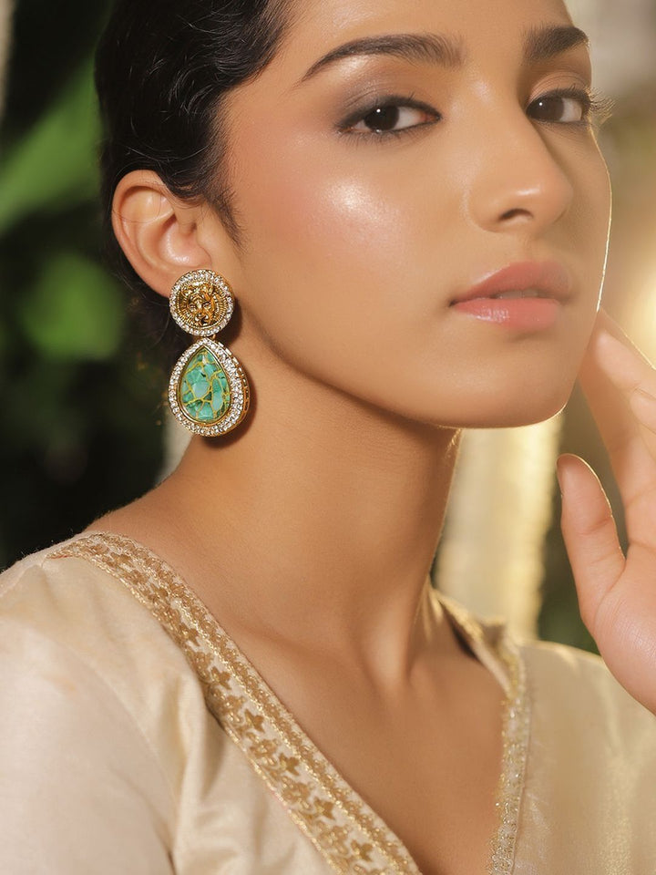 Rubans 18K Gold-Plated Cubic Zirconia Studded Teardrop Shaped Drop Earrings