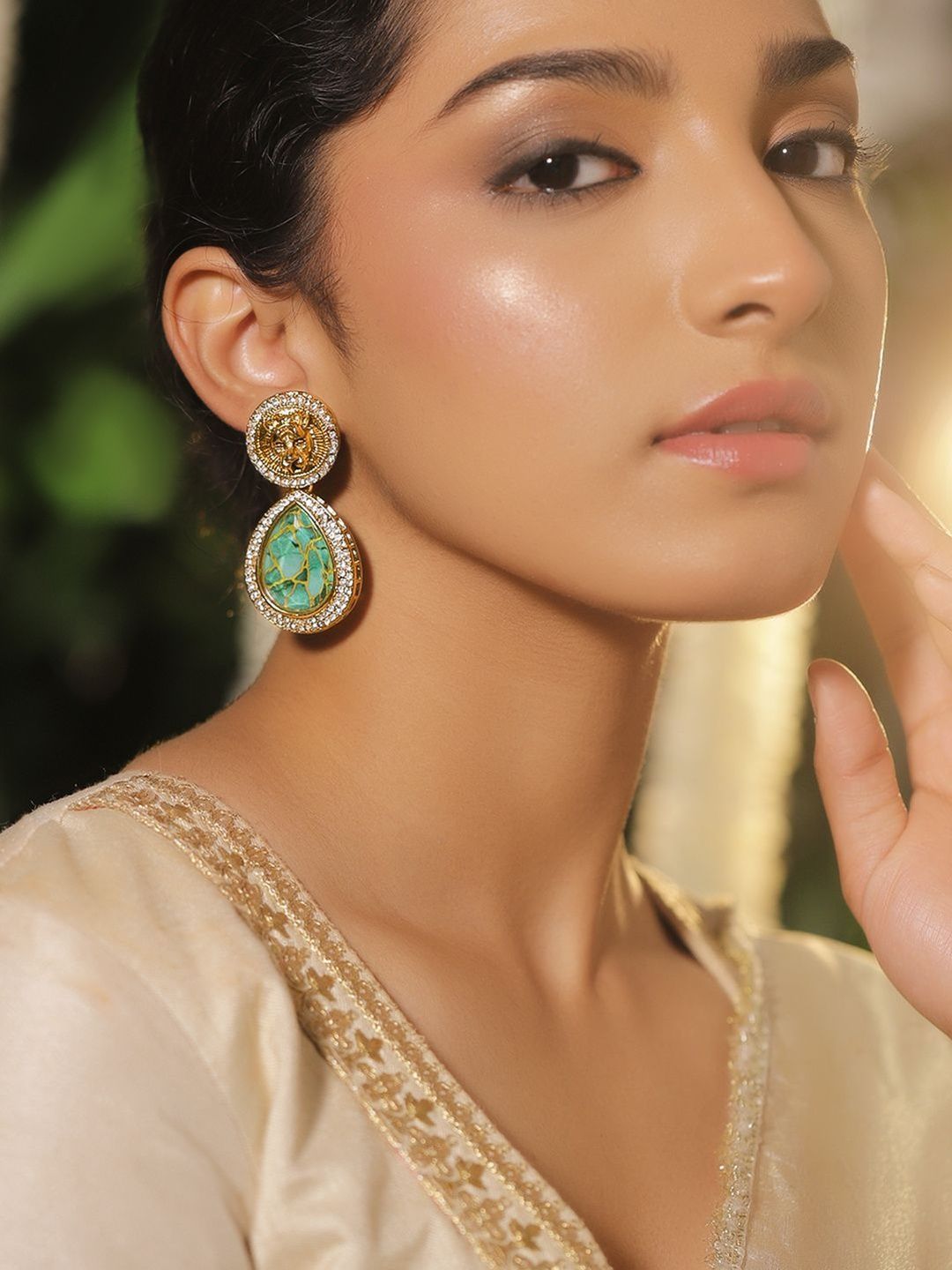 Rubans 18K Gold-Plated Cubic Zirconia Studded Teardrop Shaped Drop Earrings