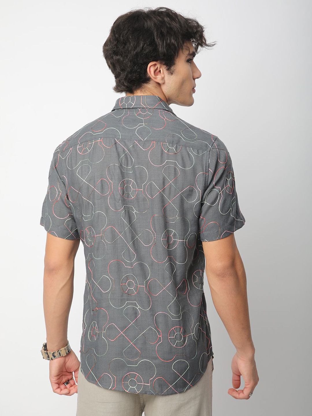 VASTRADO Men Classic Spread Collar Geometric Self Design Cotton Slim Fit Casual Shirt