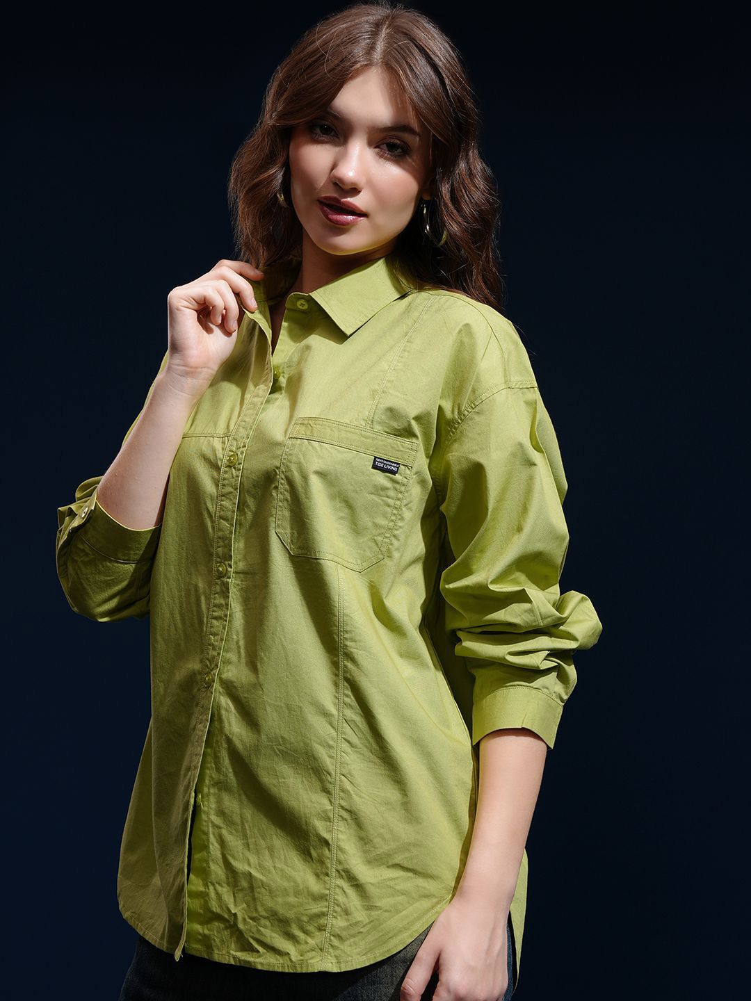 CHIC BY TOKYO TALKIES Women Spread Collar Solid Cotton Oversized Casual Shirt