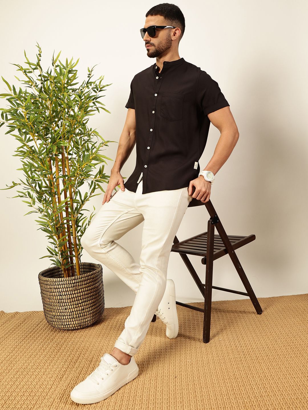 Thomas Scott Men Premium Solid Mandarin Collar Casual Shirt