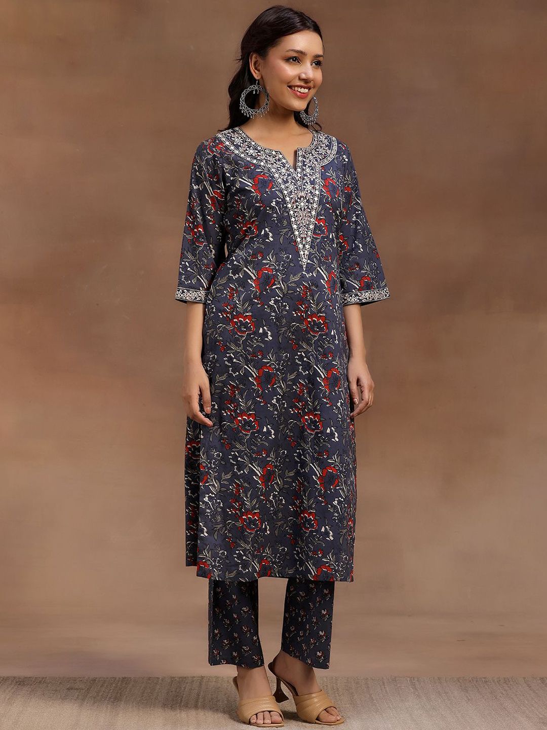 Libas Floral Printed Pure Cotton Straight Kurta With Trouser & Dupatta