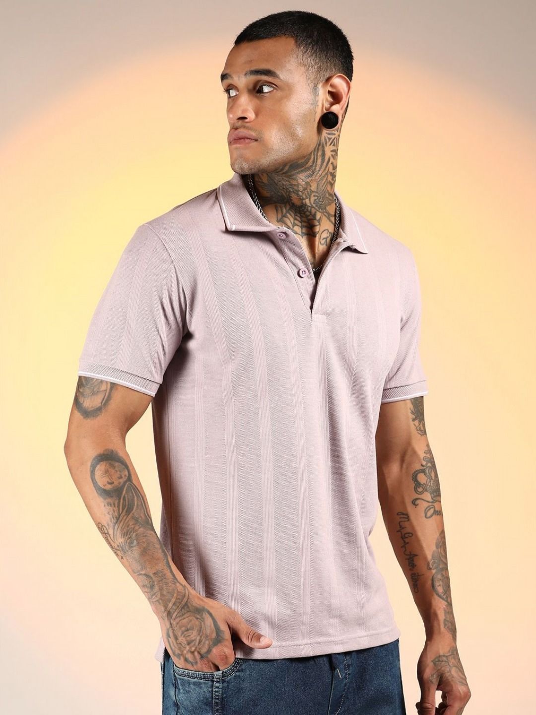 Campus Sutra Men Self Design Polo Collar Cotton T-shirt