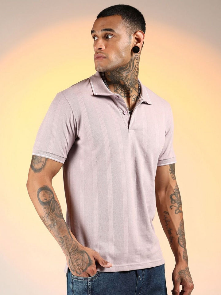 Campus Sutra Men Self Design Polo Collar Cotton T-shirt