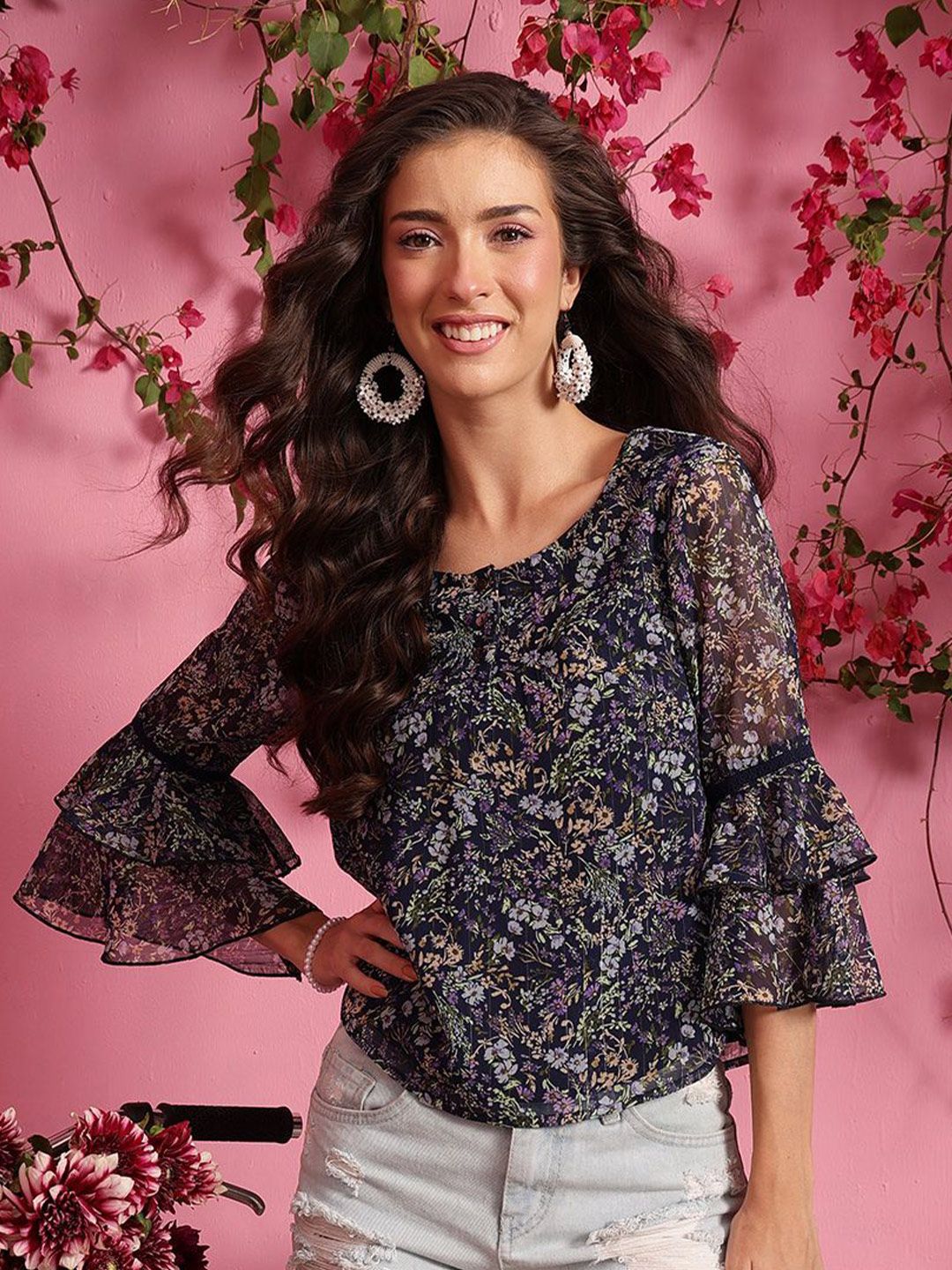 QUIERO Women Floral Printed Round Neck Chiffon Top