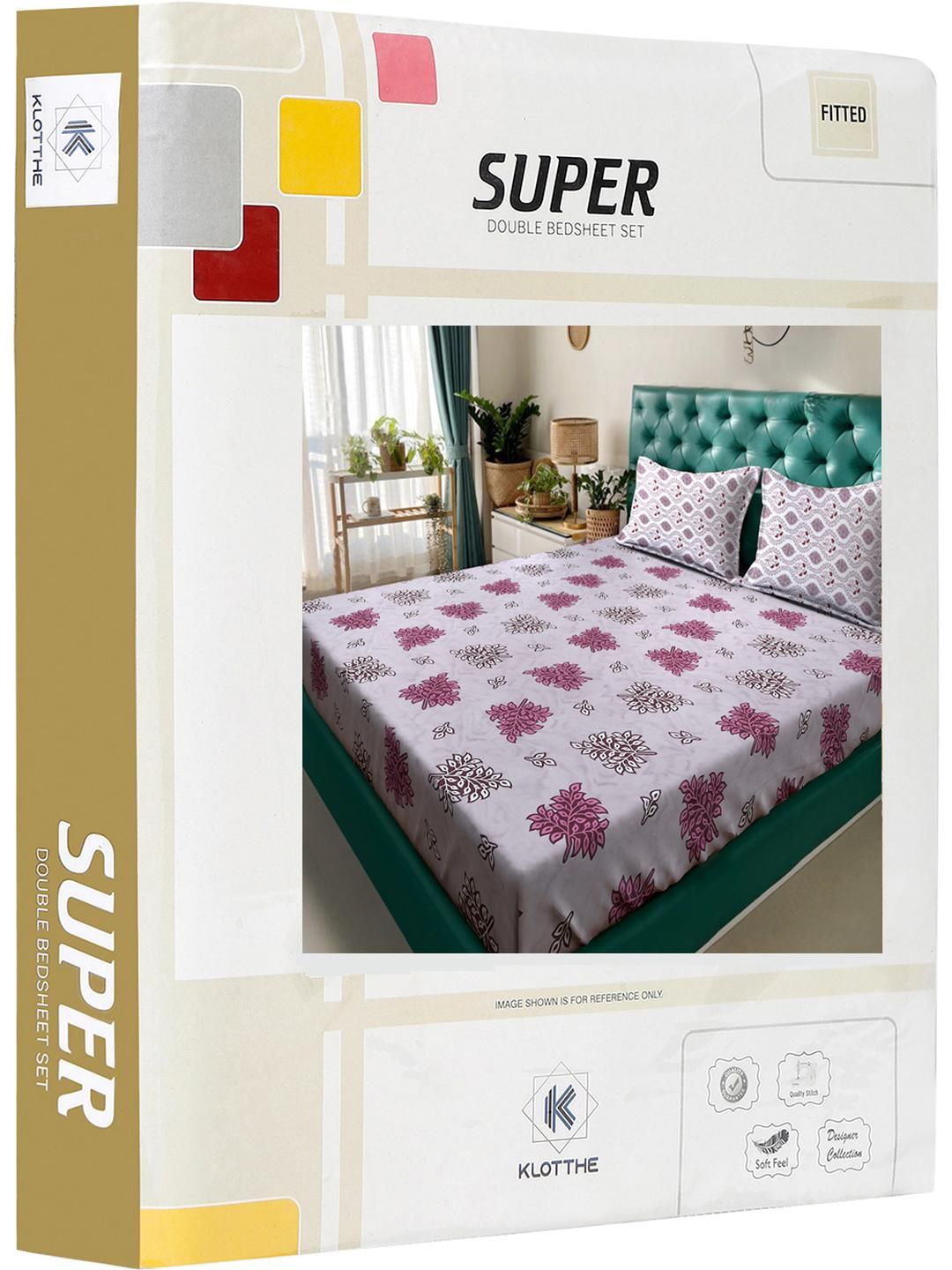 KLOTTHE Ungu & Putih Bunga 400 TC Cadar King dengan 2 Sarung Bantal